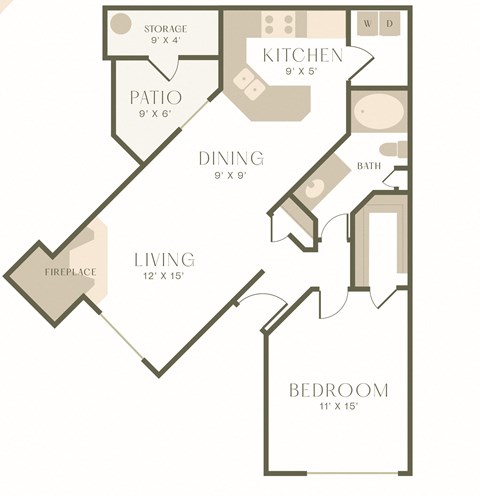 Floor plan for 1 bed, 1 bath, 801 sqft